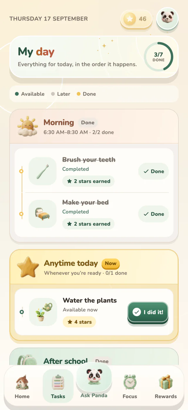 My day screen with morning and anytime tasks