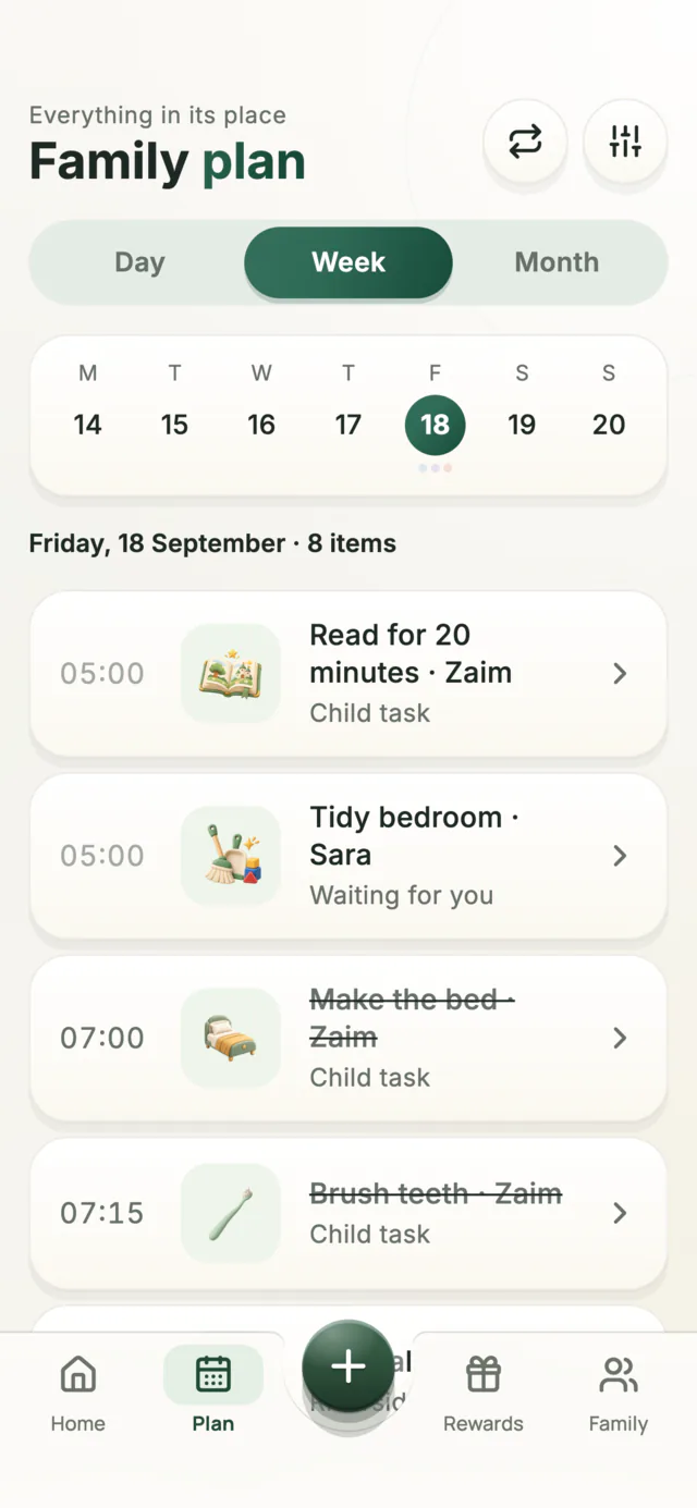 Family plan for the week in the MamaPoints parent app